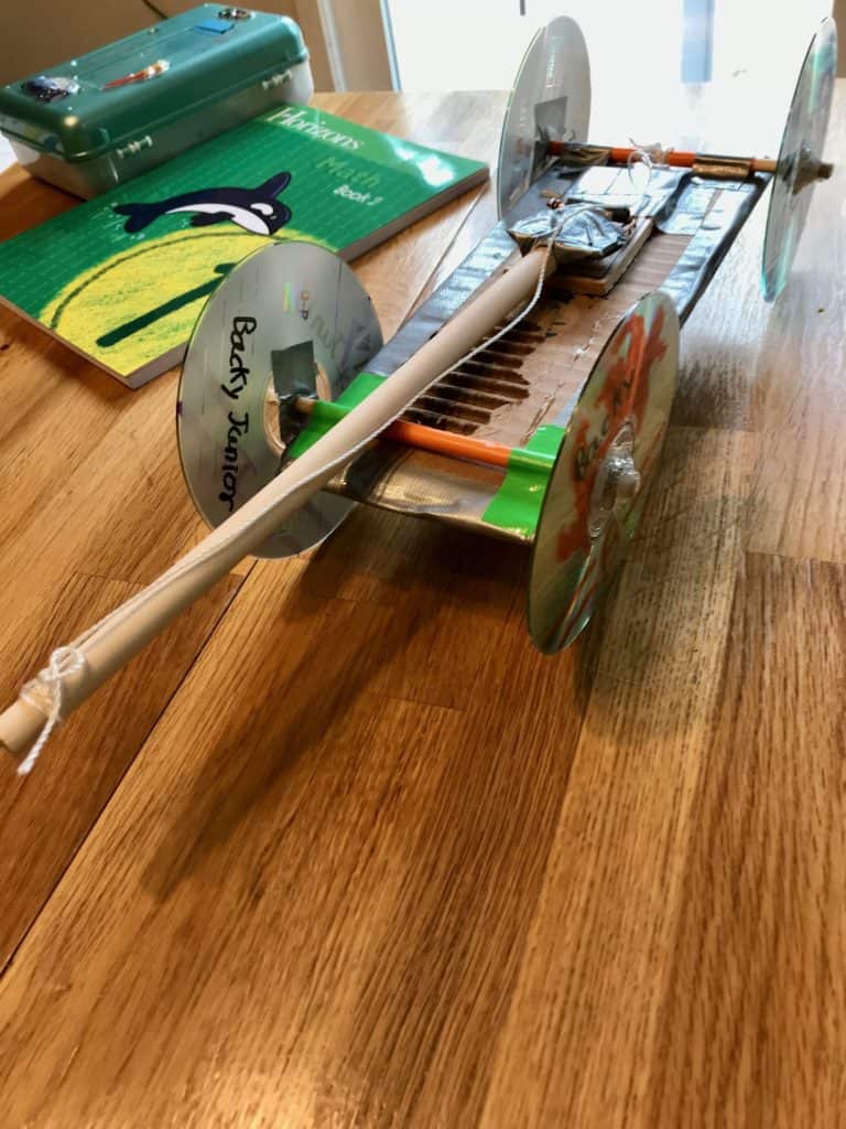Homemade self-powered car which was a STEM project for our homeschool group. How to start homeschooling today.