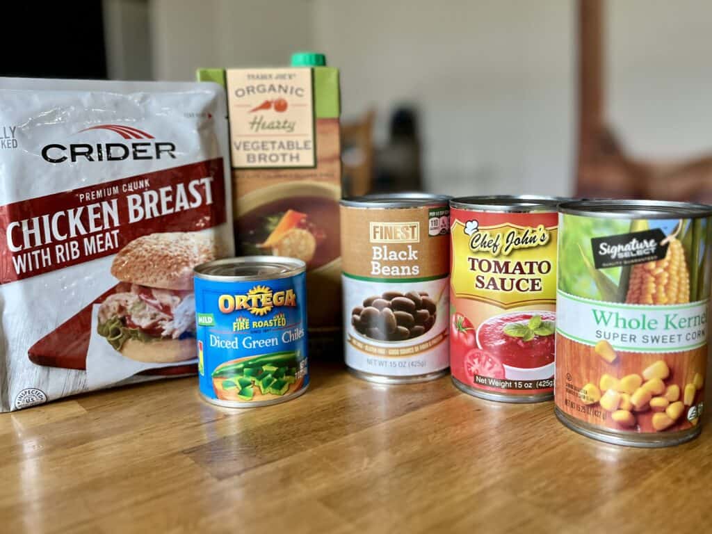 Various canned foods that make taco soup