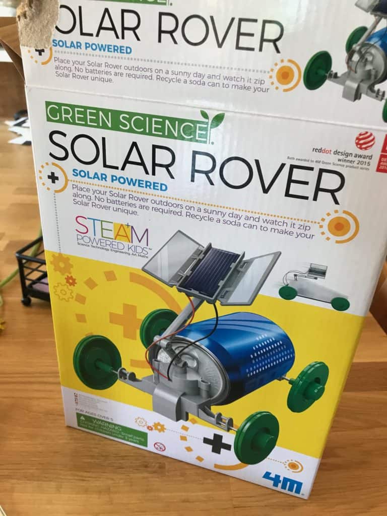 Box for the Green Science Solar Rover, a STEM project our kids completed as part of homeschool science.