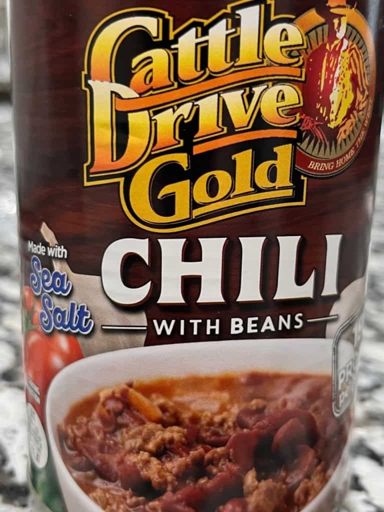 Can of Cattle Drive Gold chili with beans. best canned foods for camping