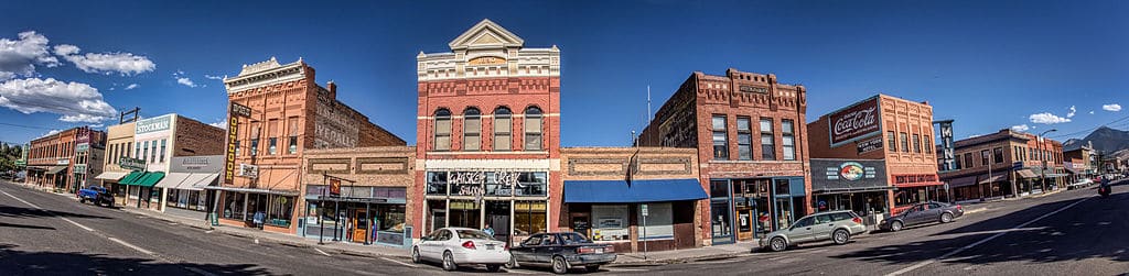 Historic buildings line the main street of Livingston, Montana.