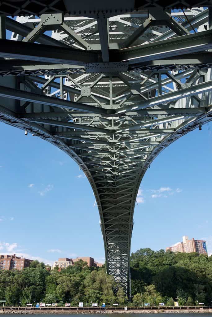 The understructure of Henry Hudson Bridge leaps across the river. The Henry Hudson Bridge is one of the highest bridges in the US.