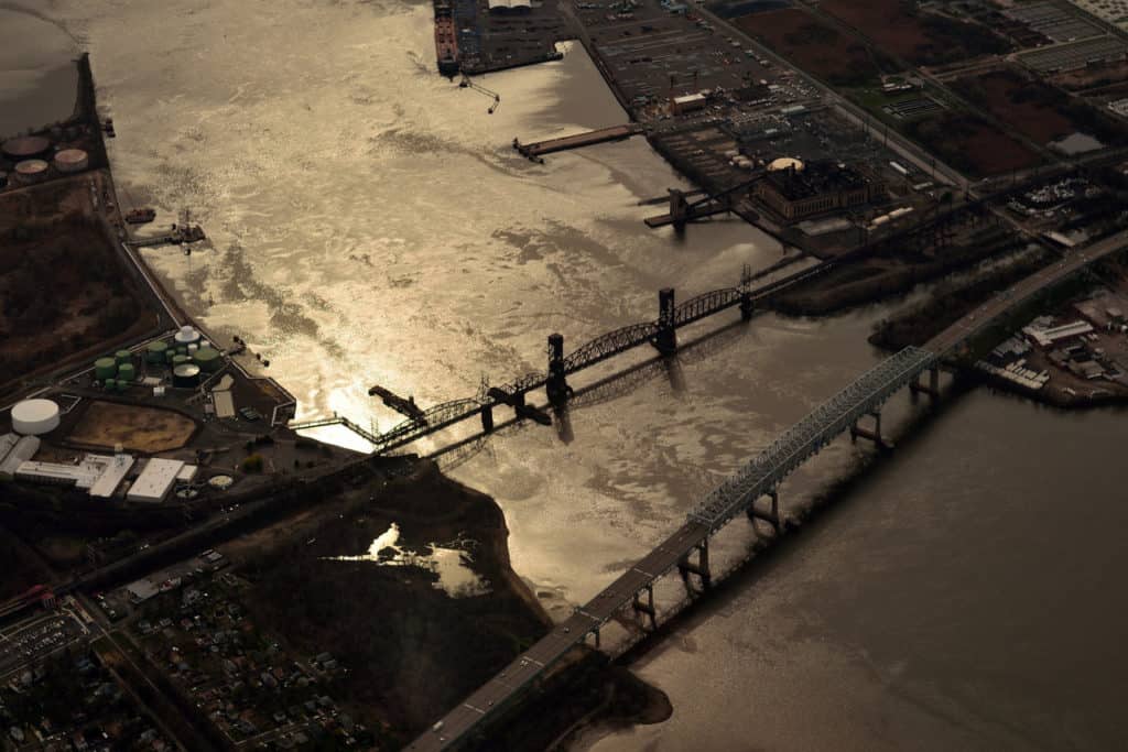An aerial picture show the Betsy Ross Bridge. The Betsy Ross Bridge is one of the highest bridges in the US.