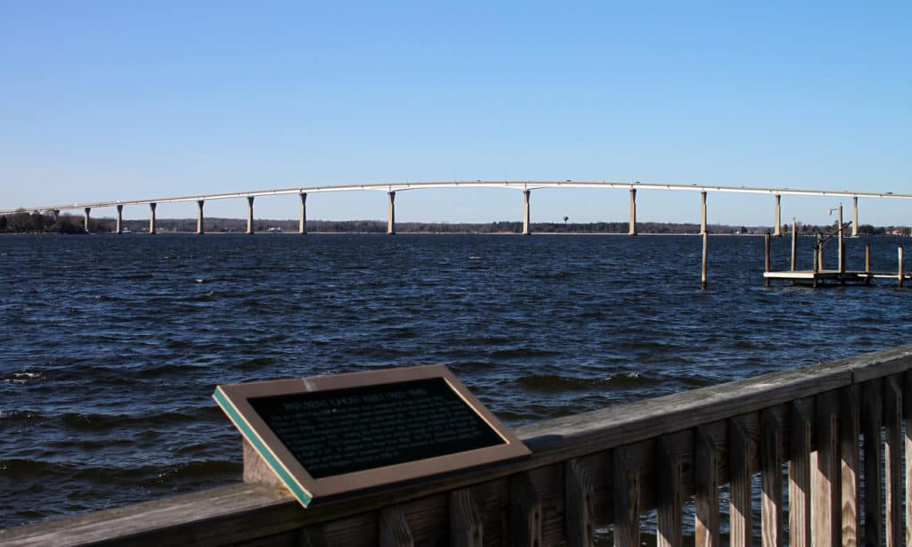 The Governor Thomas Johnson Bridge soars over the water. 