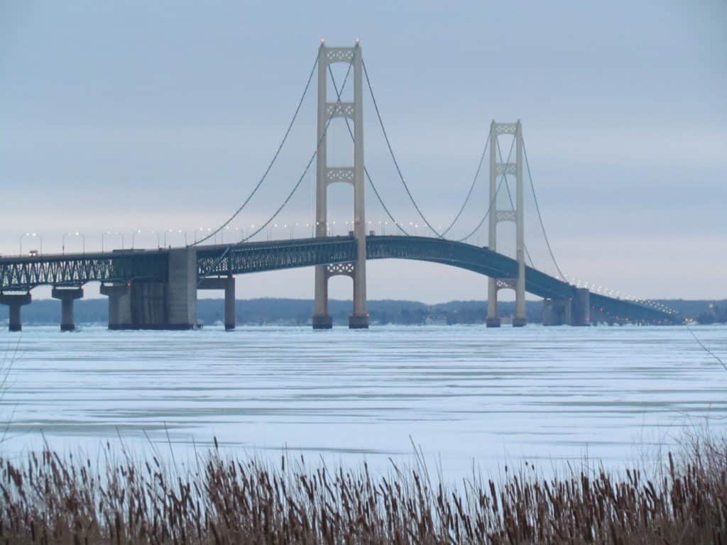 The Mackinac Bridge rules over an icy landscape in northern Michigan.
