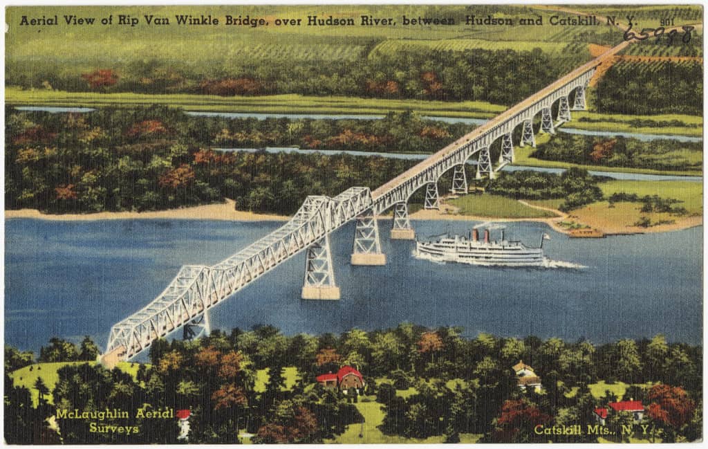 A postcard image shows the the extent of long Rip Van Winkle Bridge.