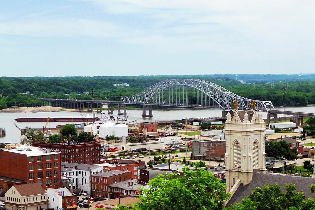 The US Route 20 Iowa River Bridge stands over downtown Dubuque.