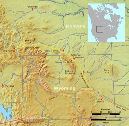 The map shows the course of the Bozeman Trail through Wyoming and Southern Montana.