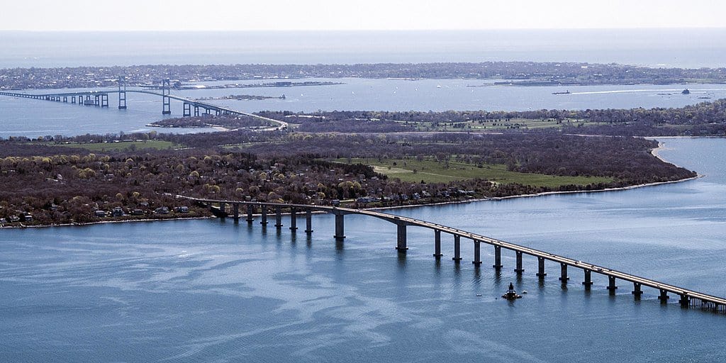 An aerial picture shows the Jamestown Verrazzano Bridge. The Jamestown Verrazzano Bridge is one of the highest bridges in the US.