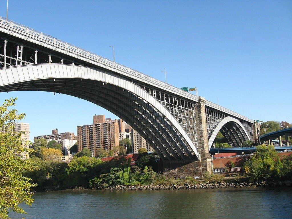 The Washington Bridge spans the Harlem River in a single arch. The Washington Bridge is one of the highest bridges in the US.