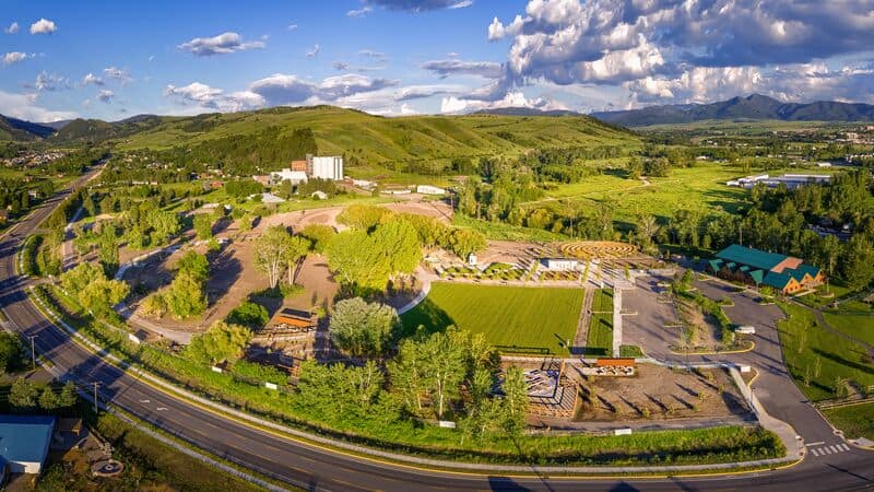 An aerial photo show beautiful Story Mill Park, one of the 21 best museums in Bozeman.