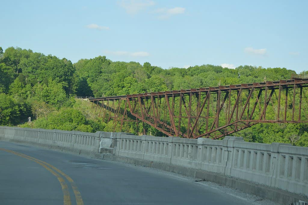 A view from the highway shows the cantilever ironwork that makes up Young's High Bridge.
