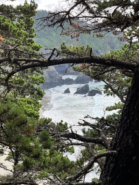 Waves wash on a pristine Oregon beach near Thomas Creek Bridge. Thomas Creek Bridge is one of the 89 highest bridges in the US.