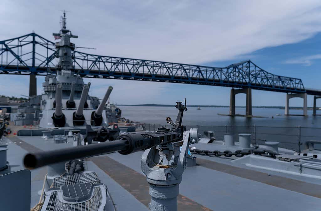 The Braga Bridge provides background to the USS Massachusetts at Battleship Cove. The Braga Bridge is one of the 89 highest bridges in the US.