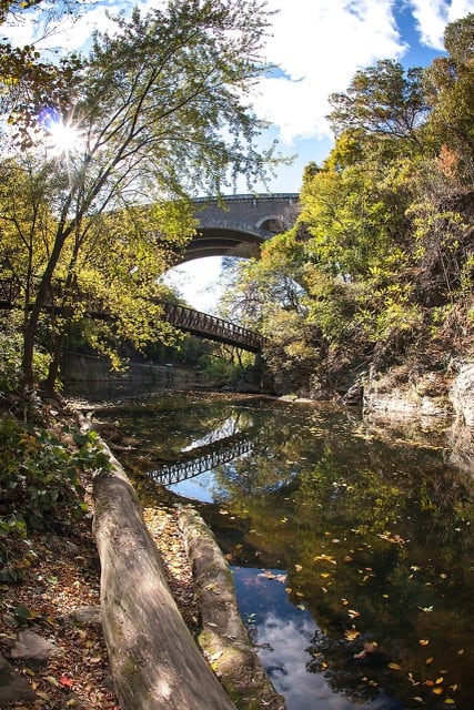 The Wissahickon Memorial Bridge is surrounded with autumn glory. The Wissahickon Memorial Bridge is one of the highest bridges in the US.