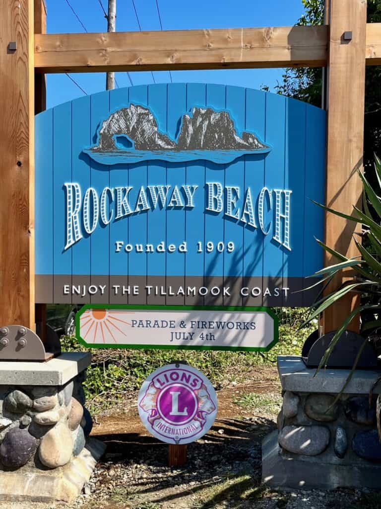 Rockaway Beach sign at entrance to city.