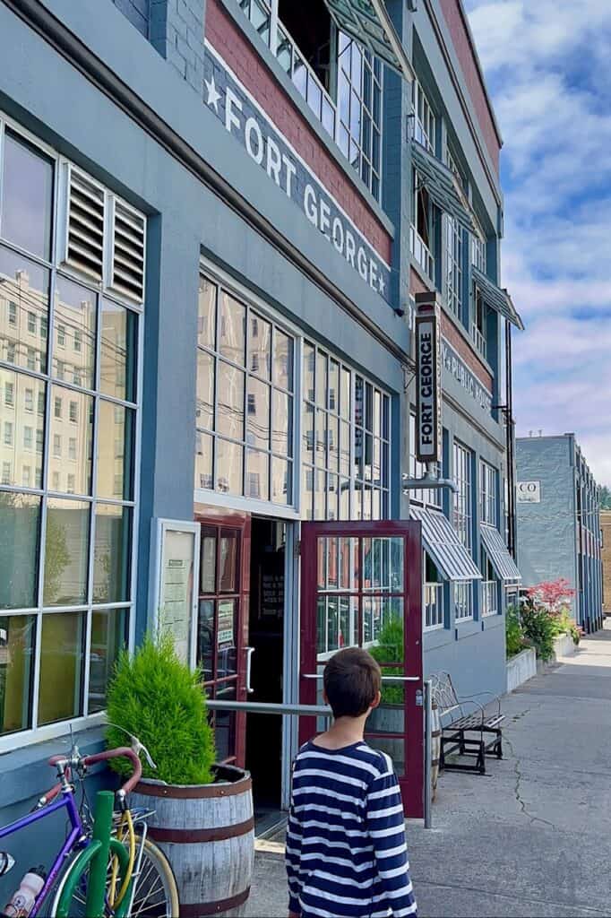 Our son outside the Fort George Brewery and Public House. 