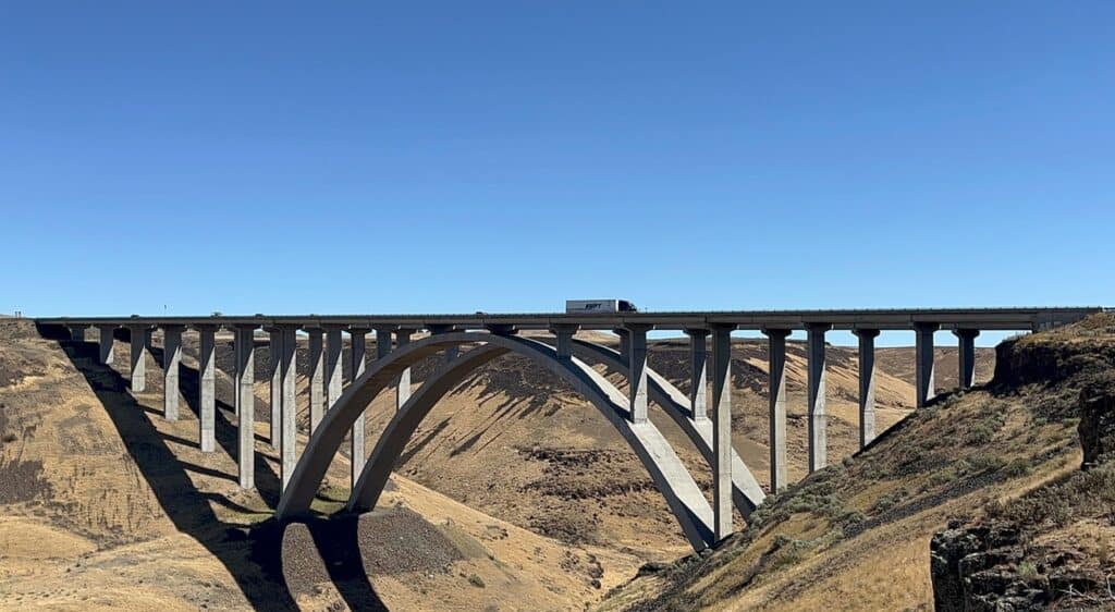 The Fred G. Redmon Bridge leaps over Selah Creek Canyon in a single span.