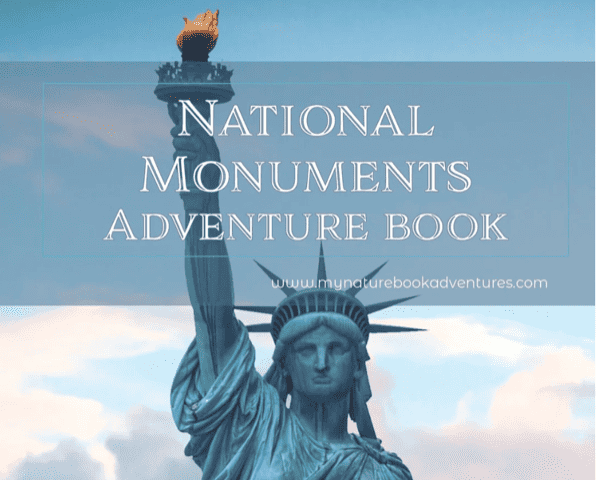 The Statue of Liberty stands as the background for the National Monuments Adventure Book. 