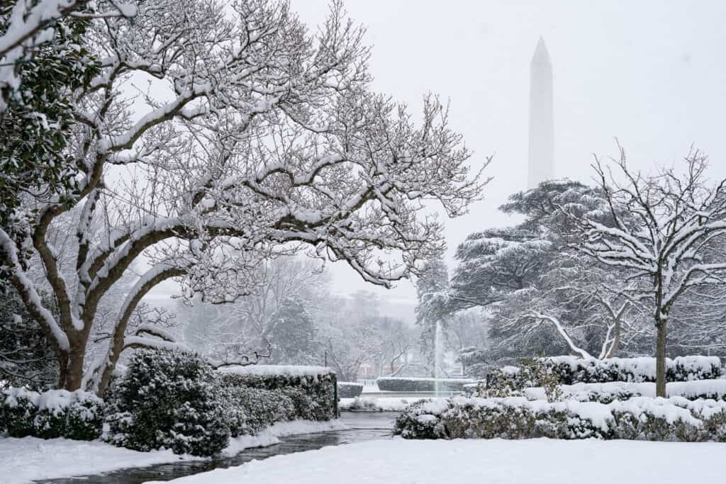 The Washington Monument hides in a winter wonderland. Washington DC is full of wonderful national parks to visit in November and December.