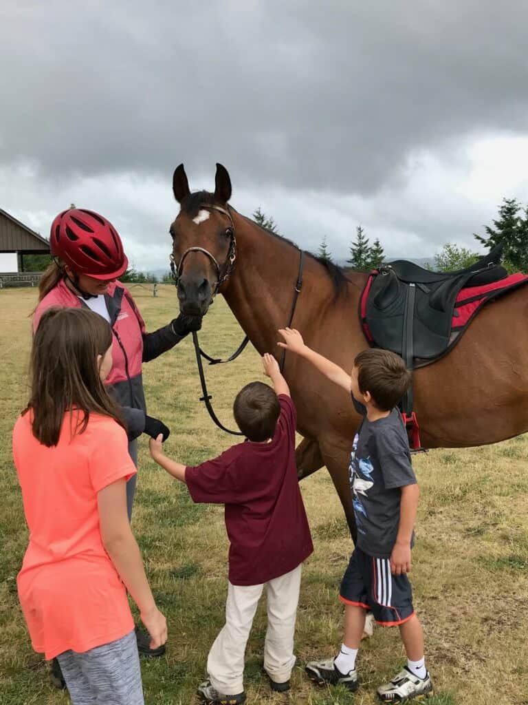 Our kids petting a beautiful horse in English riding gear.