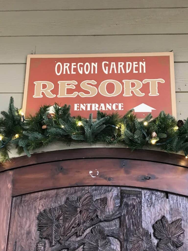 Oregon Garden Resort entrance with Christmas lights and garland over the door.