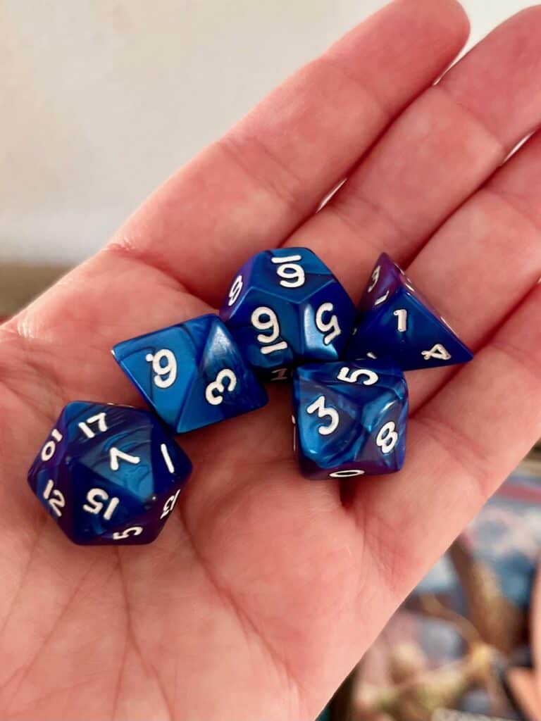 Blue D&D dice set.