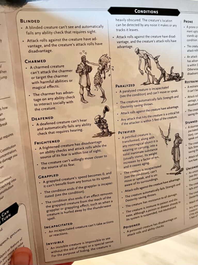 Conditions listed on the inside of the Dungeon Master's Screen.