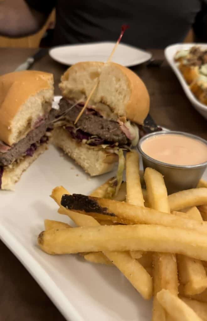 Hawaiian burger and fries at Silver Falls Brewery Ale House.