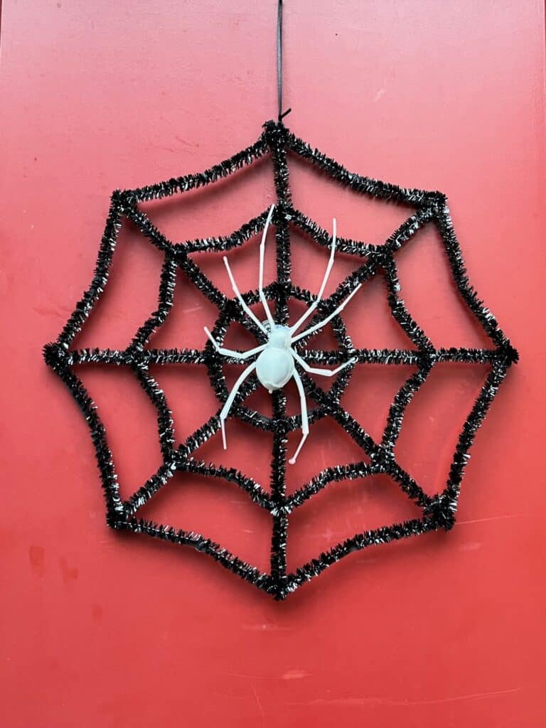Glow in the dark spider on a black web on our red front door.
