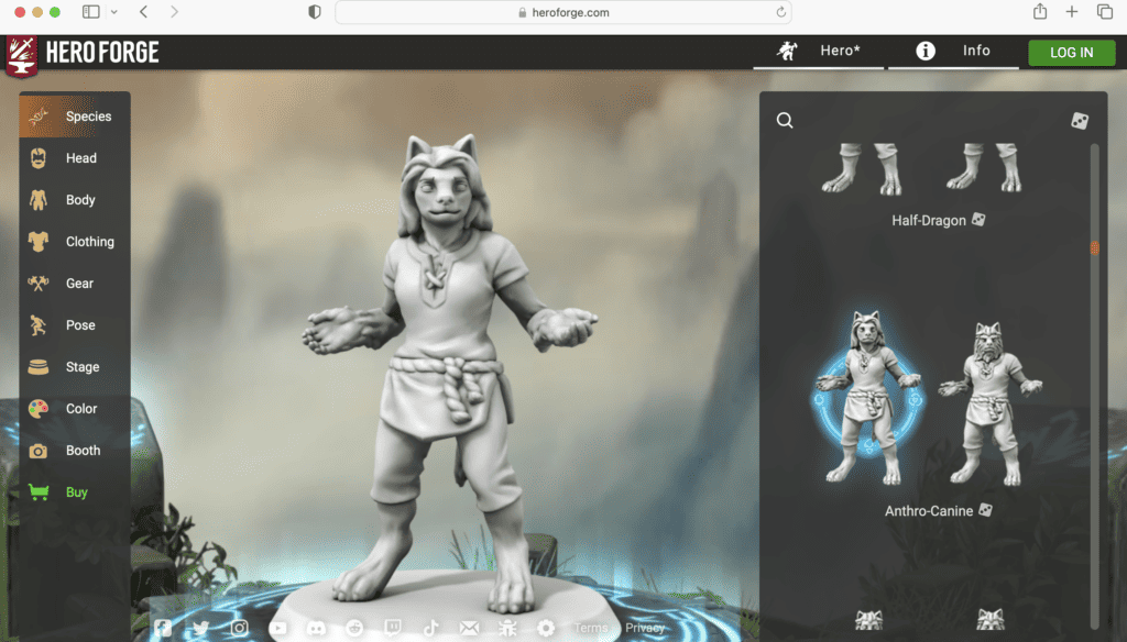 Screen shot of an anthro-canine character design on the website Hero Forge. Gifts for Dungeon Masters.