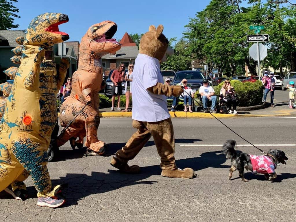 Two people in dinosaur costumes and one person in a bear costume walking a dog at the Silverton Pet Parade.