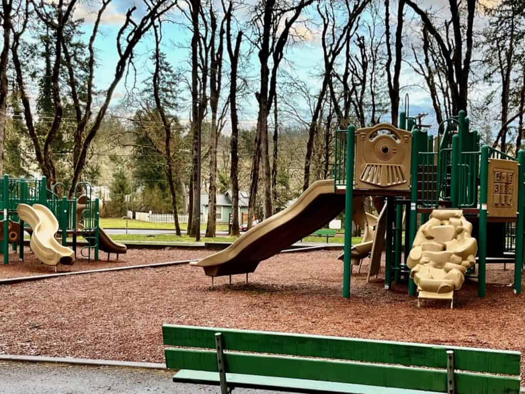 Two play structures at Coolidge McClaine Park in Silverton Oregon.