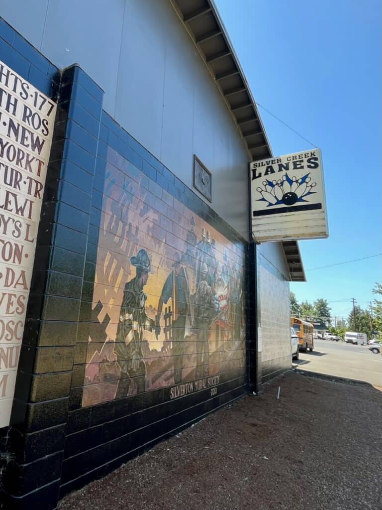 Firefighters Mural on the wall of Silver Creek Lanes (bowling alley). 