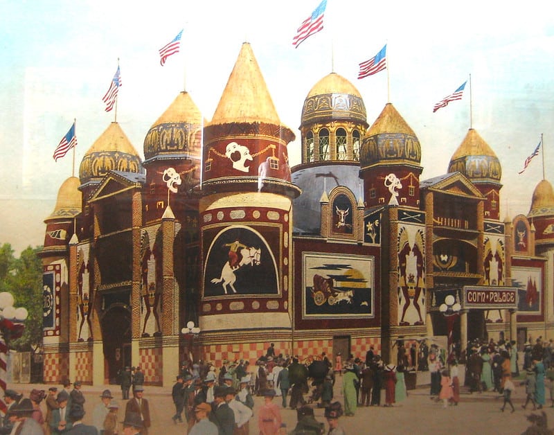A historic color photo of Mitchell's corn palace. A historic walking tour is one of the best things to do in Mitchell SD.