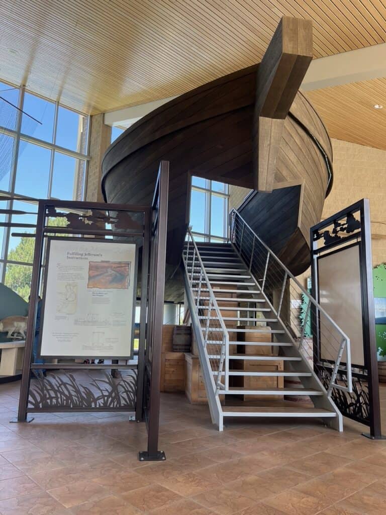A keelboat display along the Lewis and Clark National Historic Trail. The Lewis and Clark National Historic Trail is one of the best things to do near Mitchell SD.