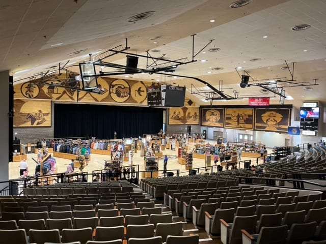 The inside of the World's Only Corn Palace includes a basketball court and stadium seating. 