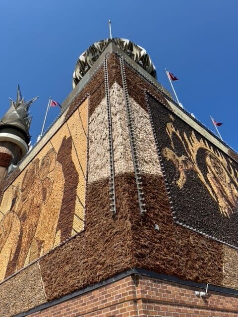 Corn husks and cobs decorate the siding of the World's Only Corn Palace. 