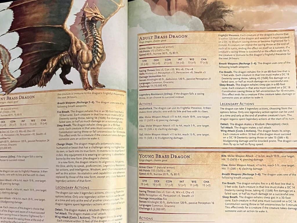 Pages showing information about Brass Dragons from the Monster Manual.