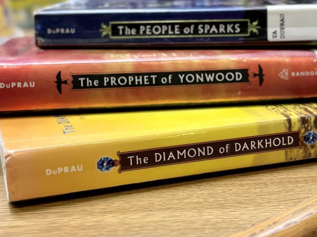 Books 2, 3, and 4 in the City of Ember series by Jeanne DuPrau (stacked showing spines).