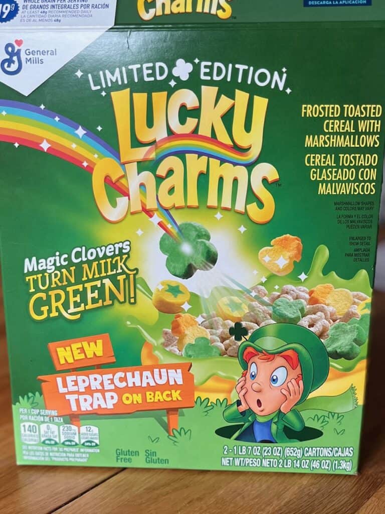 Lucky Charms Limited Edition Cereal Box with Magic clovers that turn milk green.