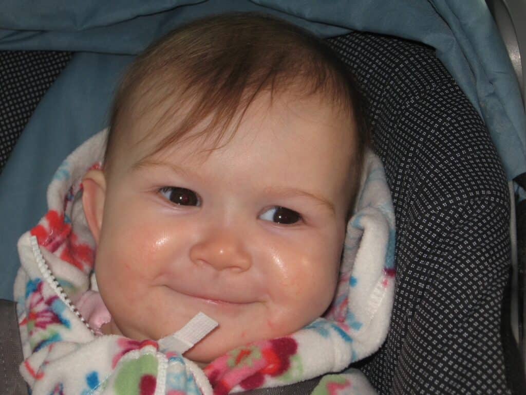 Our first baby at 9 months old in her car seat, driving up to Portland from Los Angeles for the second time in her life already.