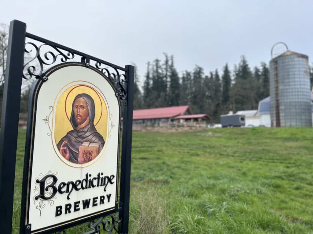 Benedictine Brewery sign in front of the brewery.