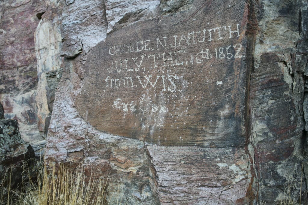 Emigrant graffiti decorates a canyon wall along the California National Historic Trail, Nevada.
