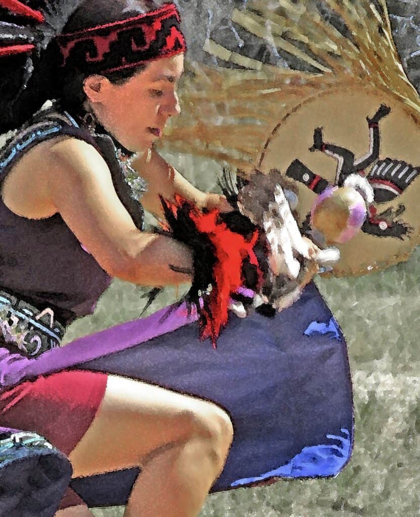 A stylized photograph shows a woman executing an indigenous dance at Coronado National Memorial.