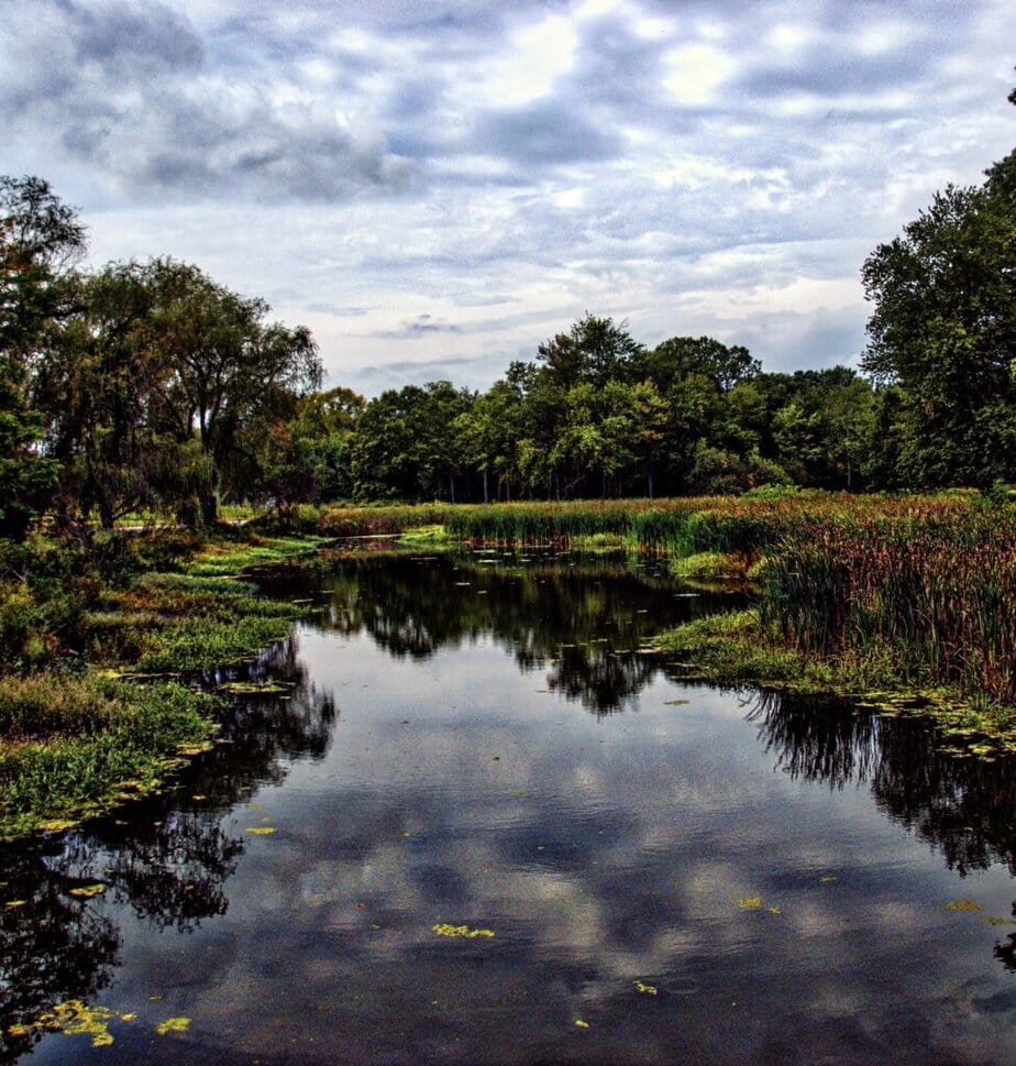 The Val-Kill Creek reflects a cloudy sky above.