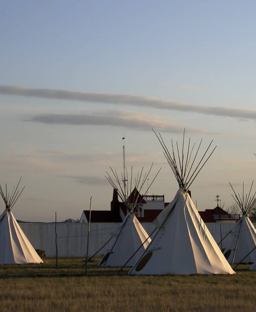 Tipis stand outside the walls of Fort Union at Fort Union National Historic Site, North Dakota.