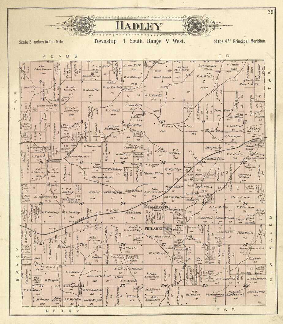 A historic county map shows the location of the New Philadelphia townsite now celebrated as New Philadelphia National Historic Site.