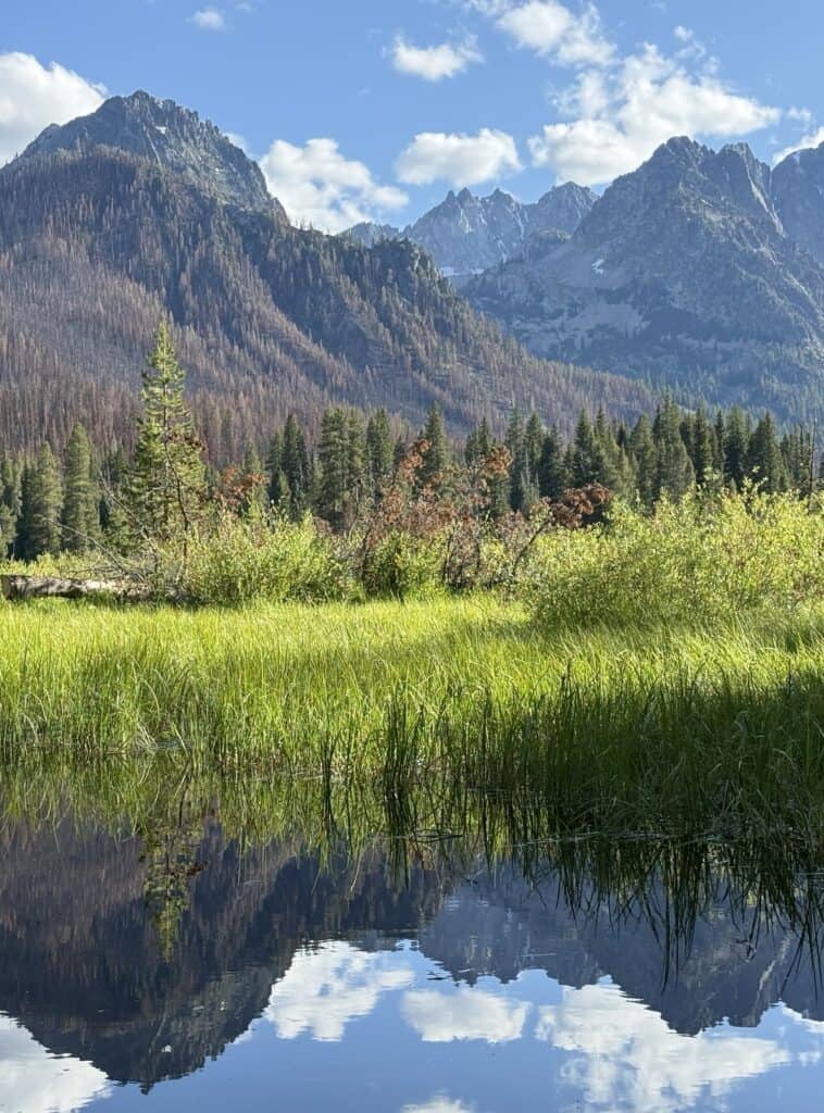 Fishhook Creek reflects jagged mountaintops at Sawtooth National Recreation Area.