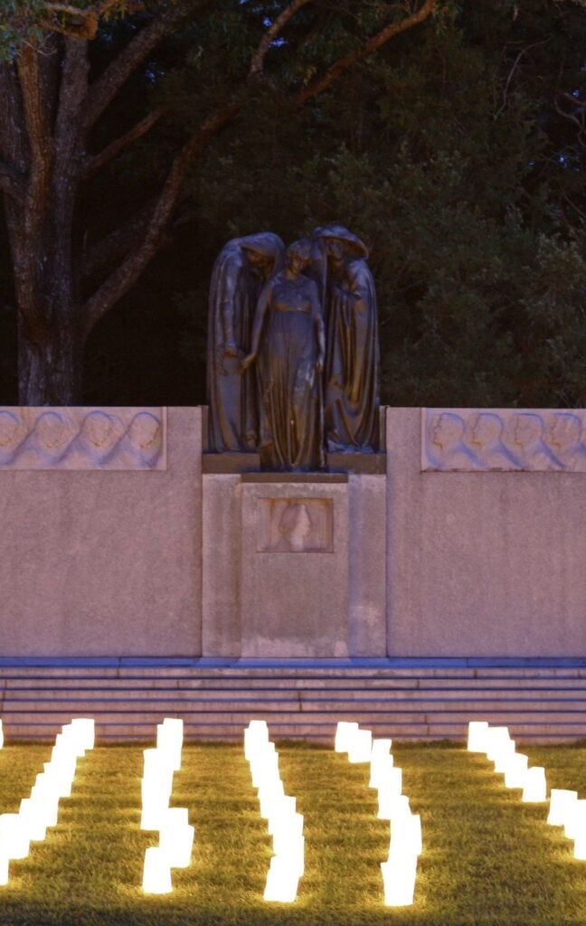 Lighted bags bear memory to the dead at Shiloh National Military Park.